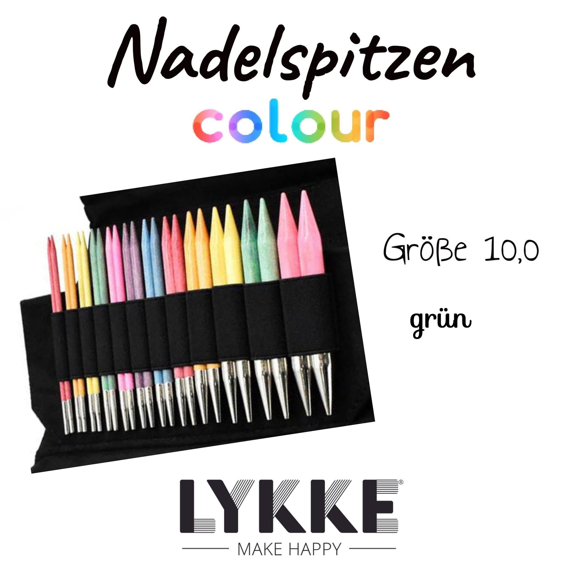 Nadelspitzen der Serie Colour (in bunten Buchstaben geschrieben) der Firma Lykke, buntes Set, weißer Hintergrund, unten Logo Lykke