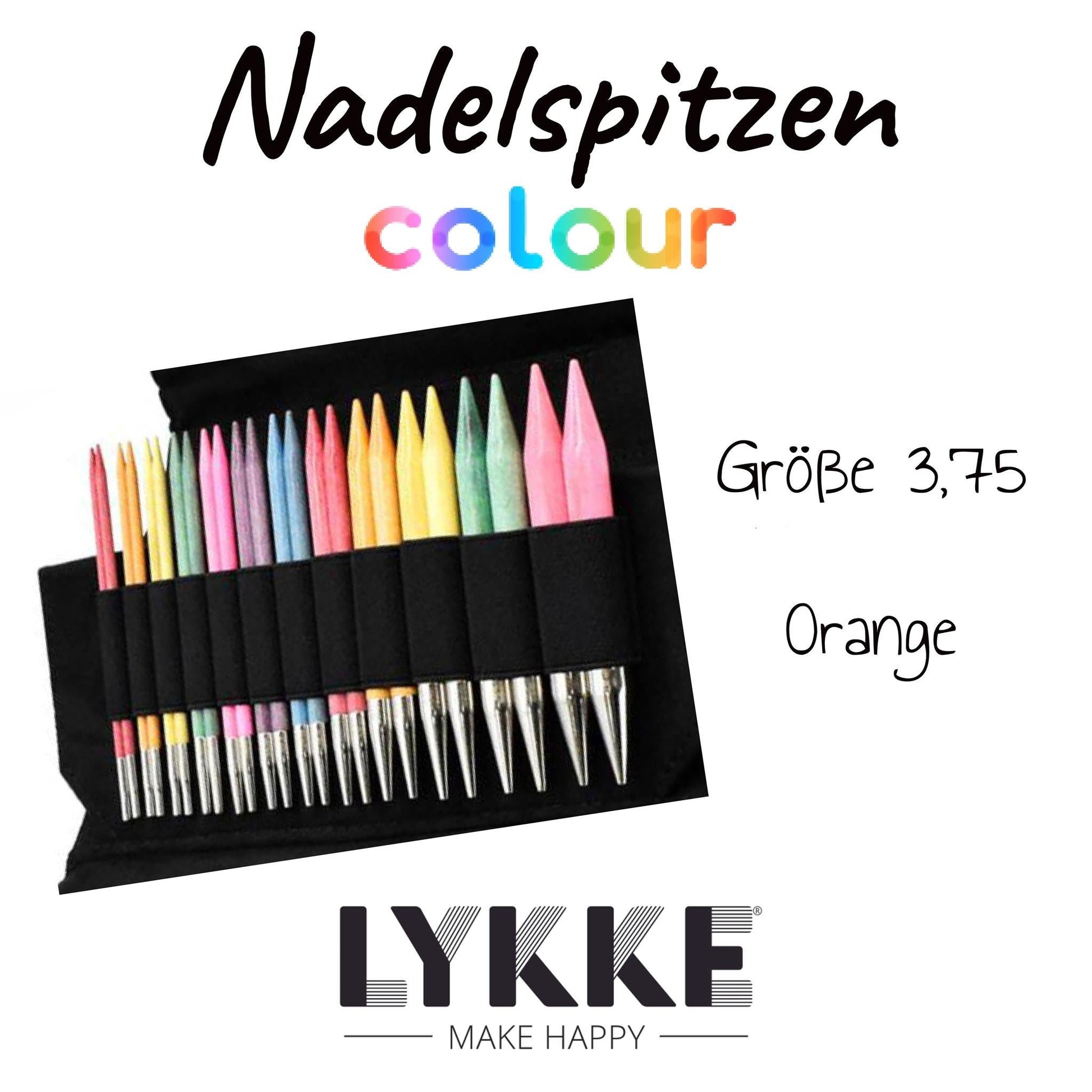 Nadelspitzen der Serie Colour (in bunten Buchstaben geschrieben) der Firma Lykke, buntes Set, weißer Hintergrund, unten Logo Lykke