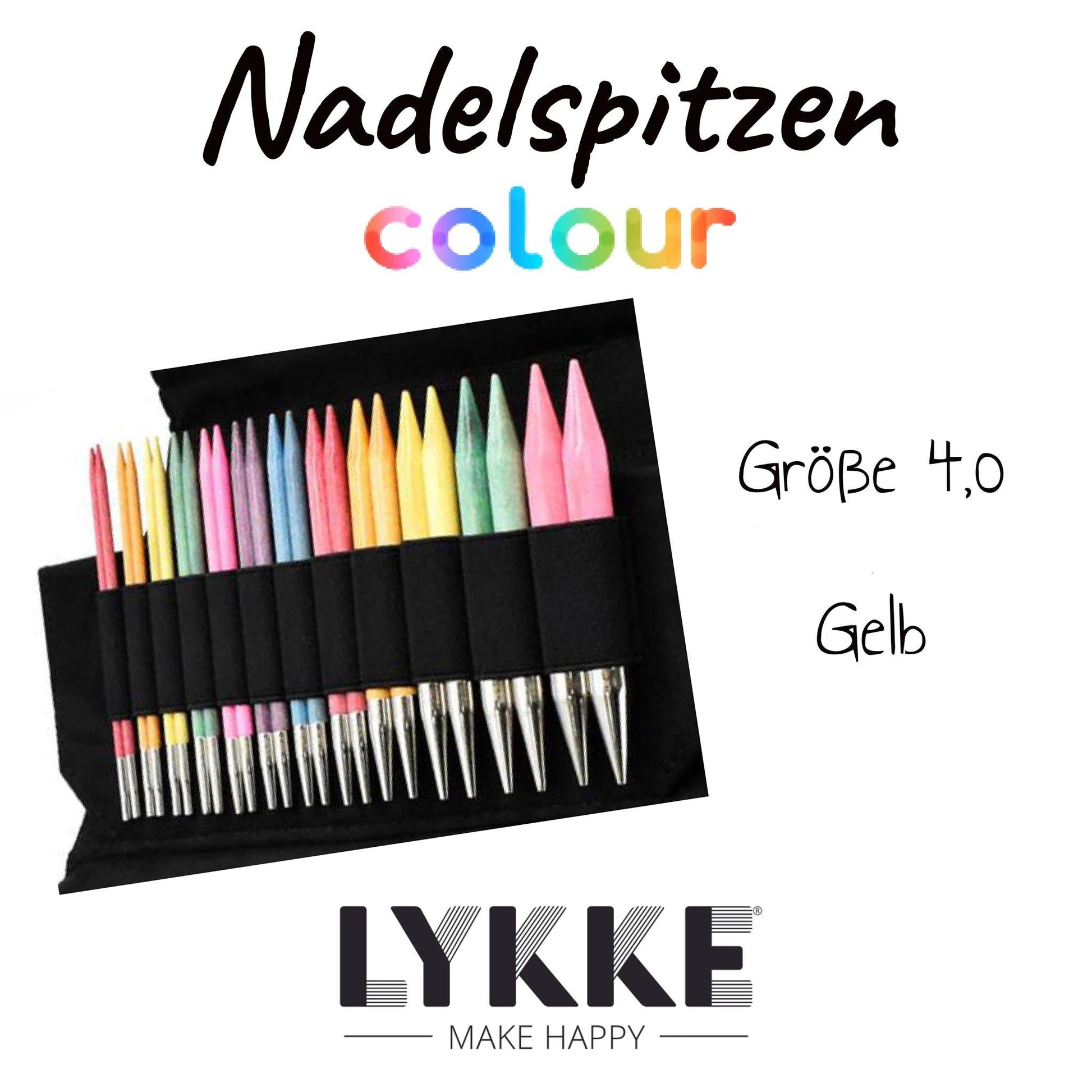 Nadelspitzen der Serie Colour (in bunten Buchstaben geschrieben) der Firma Lykke, buntes Set, weißer Hintergrund, unten Logo Lykke