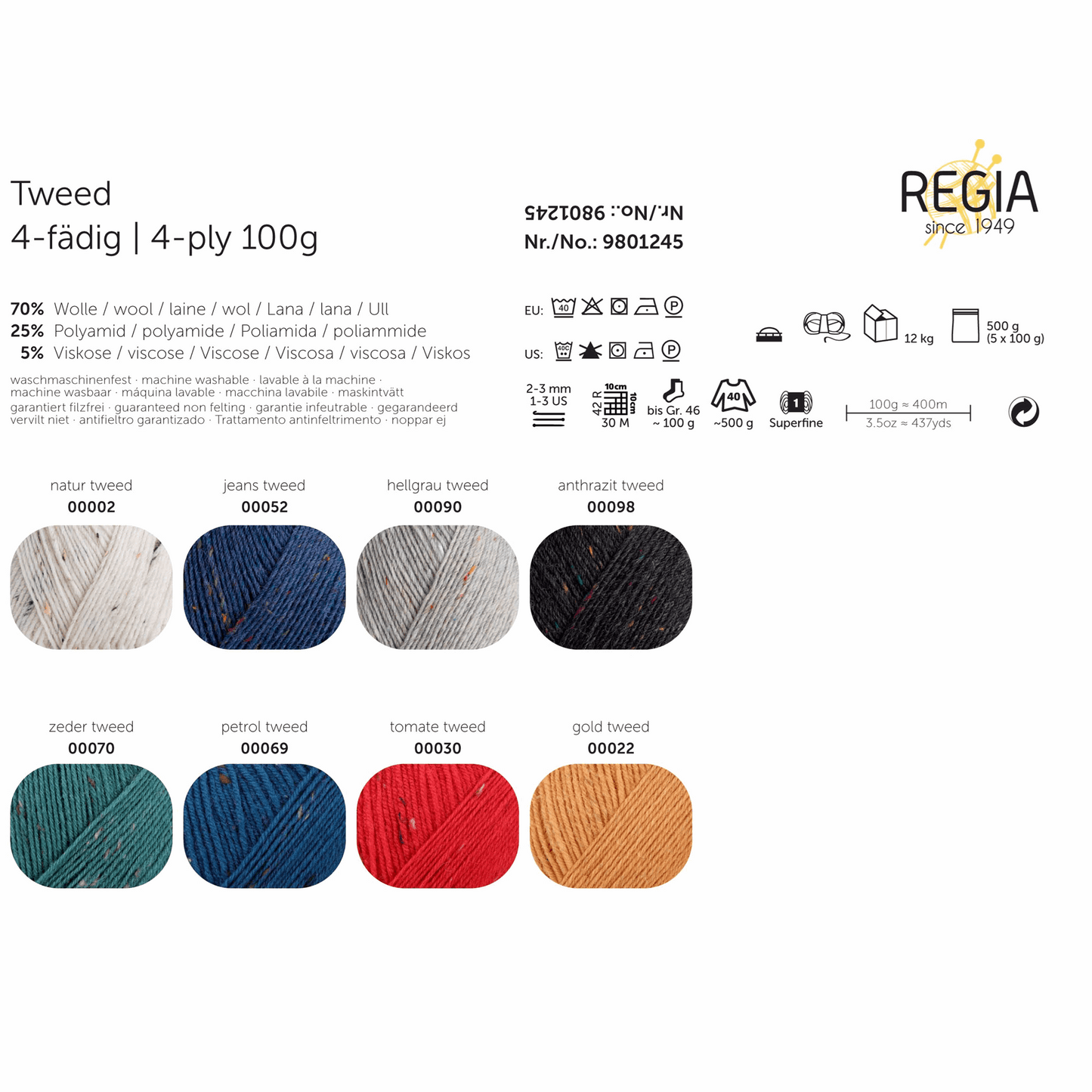 Regia 4-ply 100g tweed, 90246, color 98, anthracite tweed