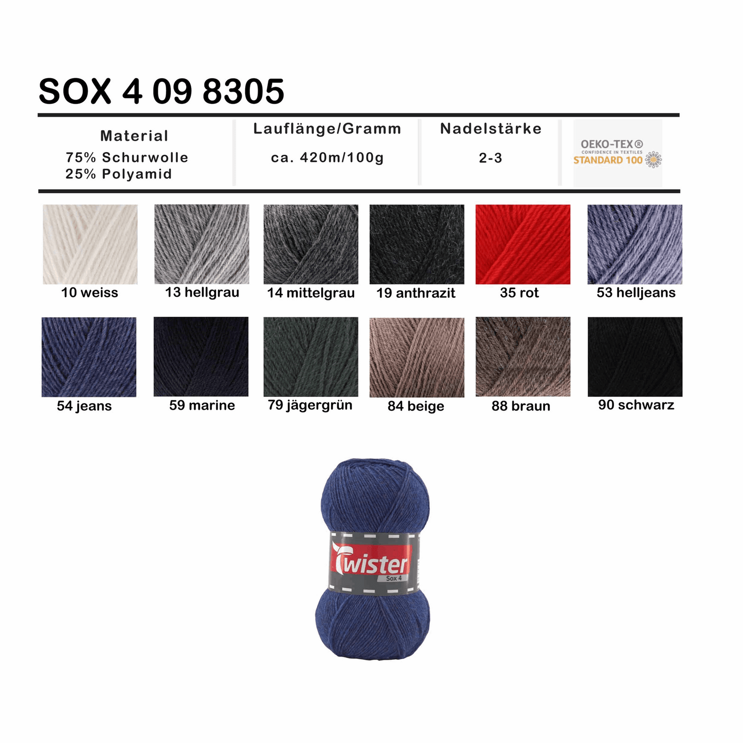 Twister Sox4, 100g, 98305, Farbe hellgrau 13