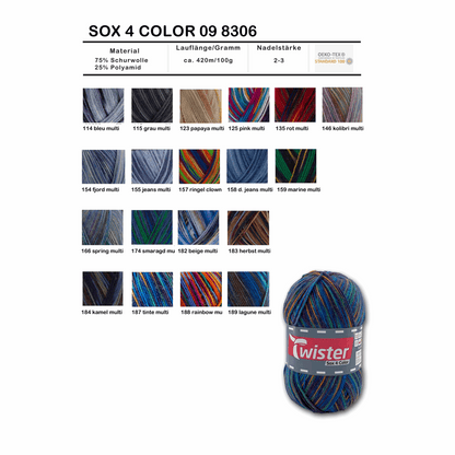 Twister Sox4 Color superwash, blau lila rot, 98306, Farbe 834