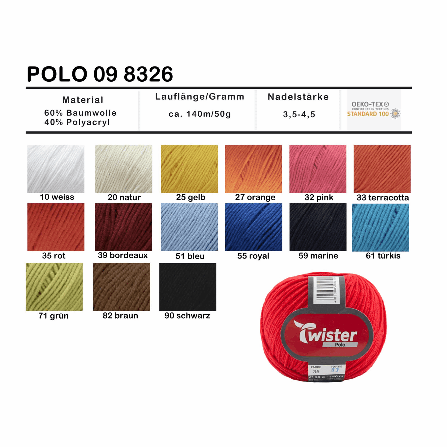 Twister Polo uni, 50g, 98326, Farbe türkis 61