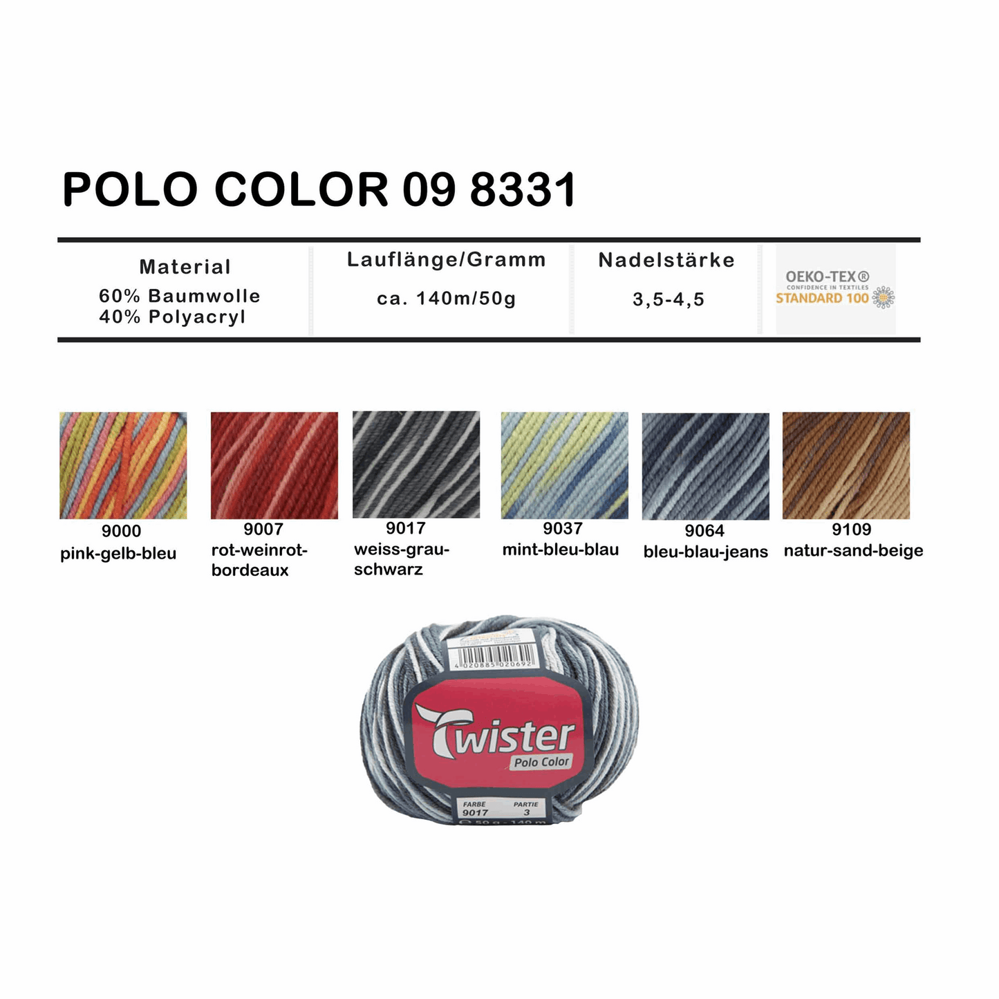 Twister Polo color, 50g, 98331, Farbe mint/bleu/bl 9037