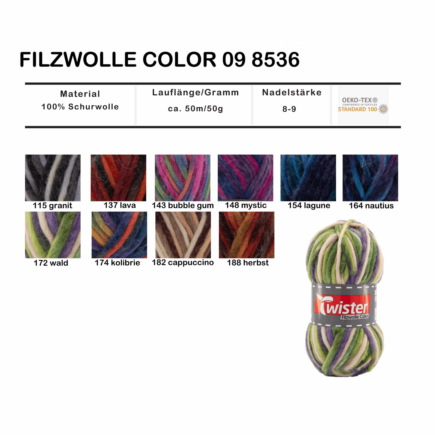 Twister Filzwolle Color 50G, 98536, Farbe wald 172