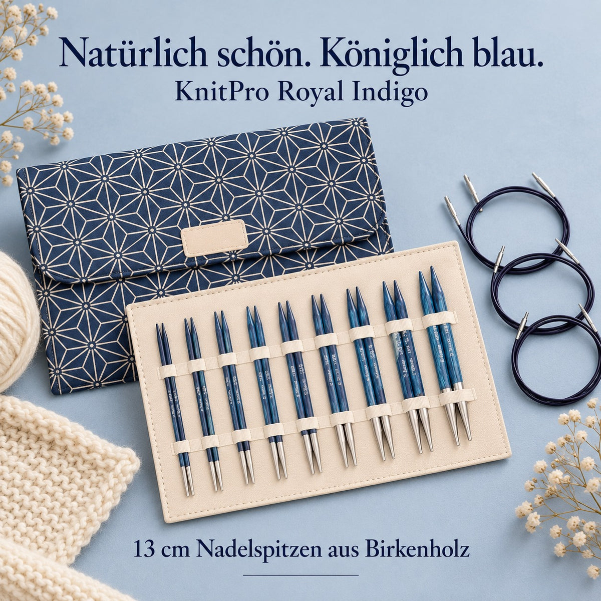 KnitPro Nadelset Royal Indigo auswechselbare Nadelspitzen 13 cm, 9 Paar, 3,00 mm - 8,00 mm + Zubehör