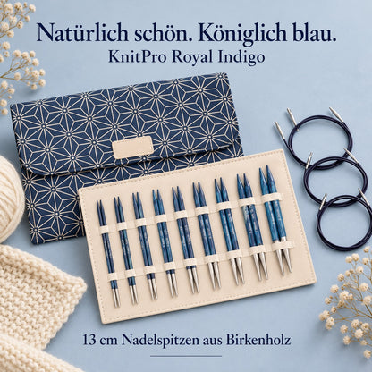 KnitPro Nadelset Royal Indigo auswechselbare Nadelspitzen 13 cm, 9 Paar, 3,00 mm - 8,00 mm + Zubehör