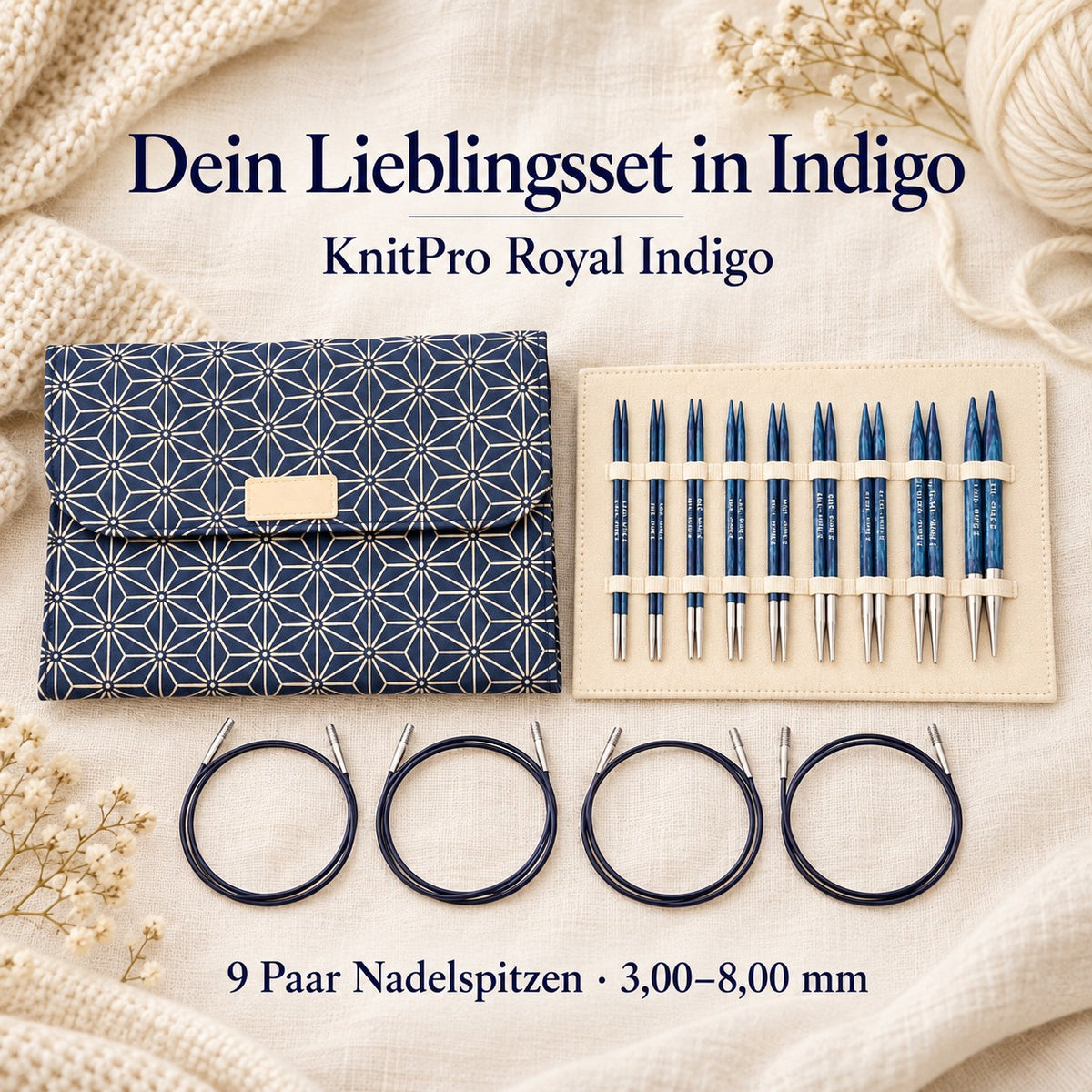 KnitPro Nadelset Royal Indigo auswechselbare Nadelspitzen 13 cm, 9 Paar, 3,00 mm - 8,00 mm + Zubehör