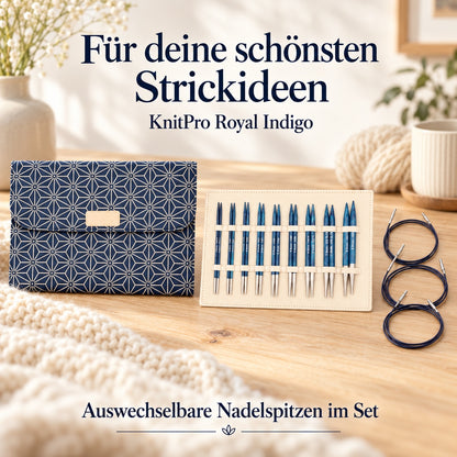 KnitPro Nadelset Royal Indigo auswechselbare Nadelspitzen 13 cm, 9 Paar, 3,00 mm - 8,00 mm + Zubehör