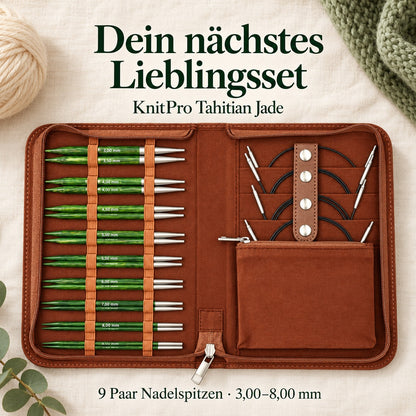 KnitPro Nadelset Tahitian Jade auswechselbare Nadelspitzen 13 cm, 9 Paar, 3,00 mm - 8,00 mm + Zubehör